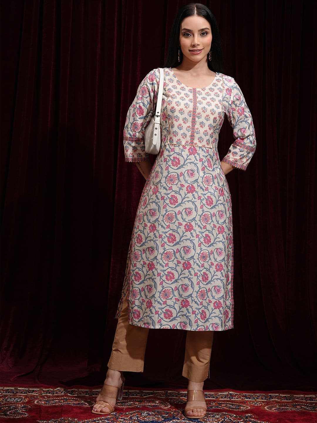 Vishudh Floral Printed Gotta Patti Round Neck Straight Kurta - view 1