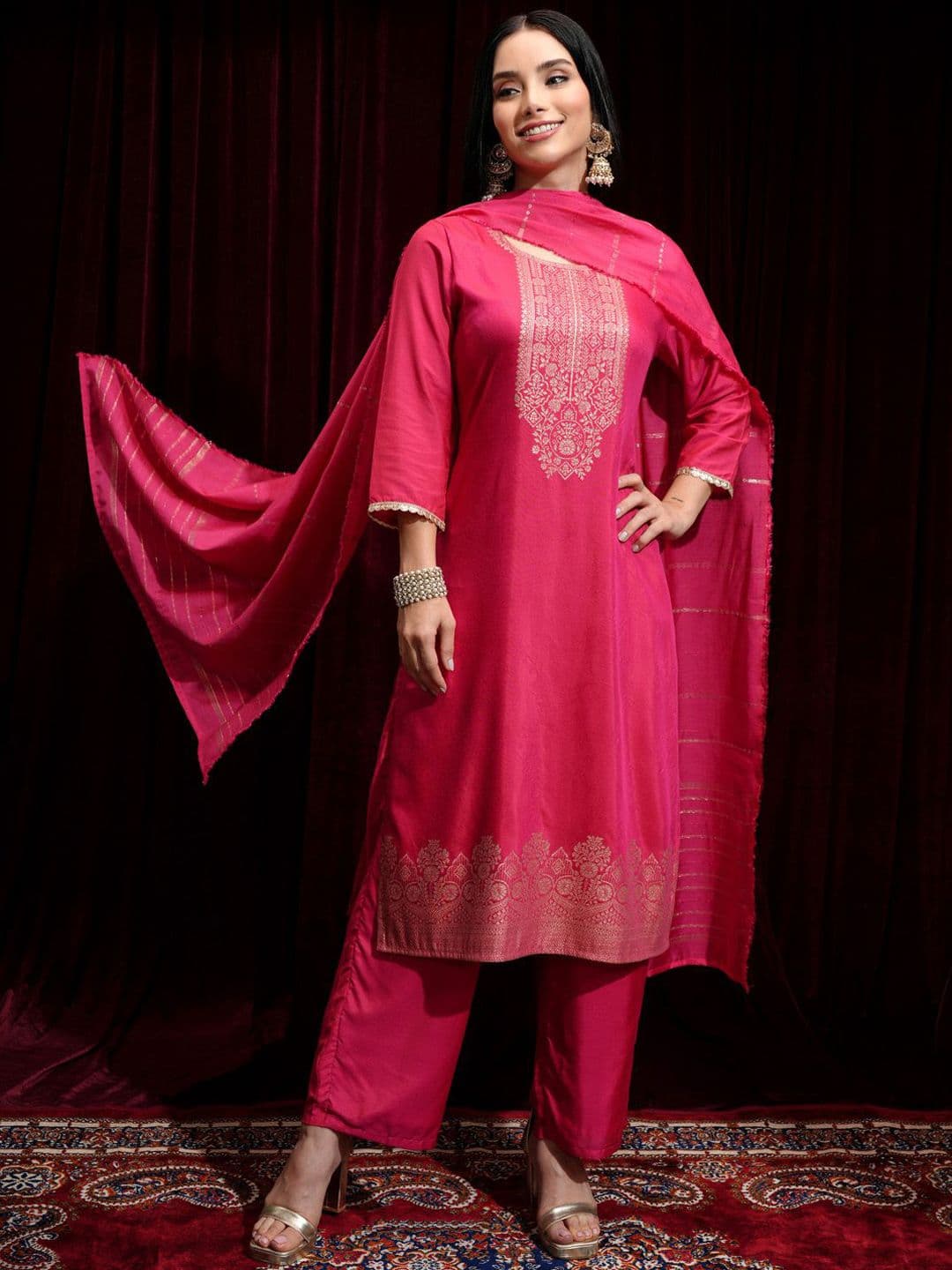 Vishudh Ethnic Motifs Printed Regular Jacquard Straight Kurta with Trousers & Dupatta - view 1