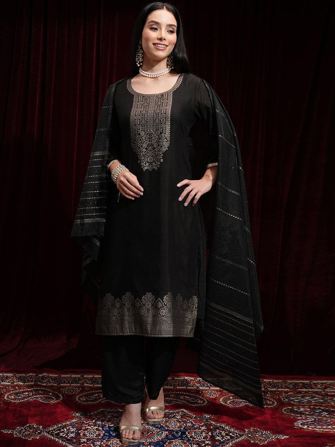 Vishudh Floral Woven Design Zari Jacquard Weave Straight Kurta with Trousers & Dupatta - view 1