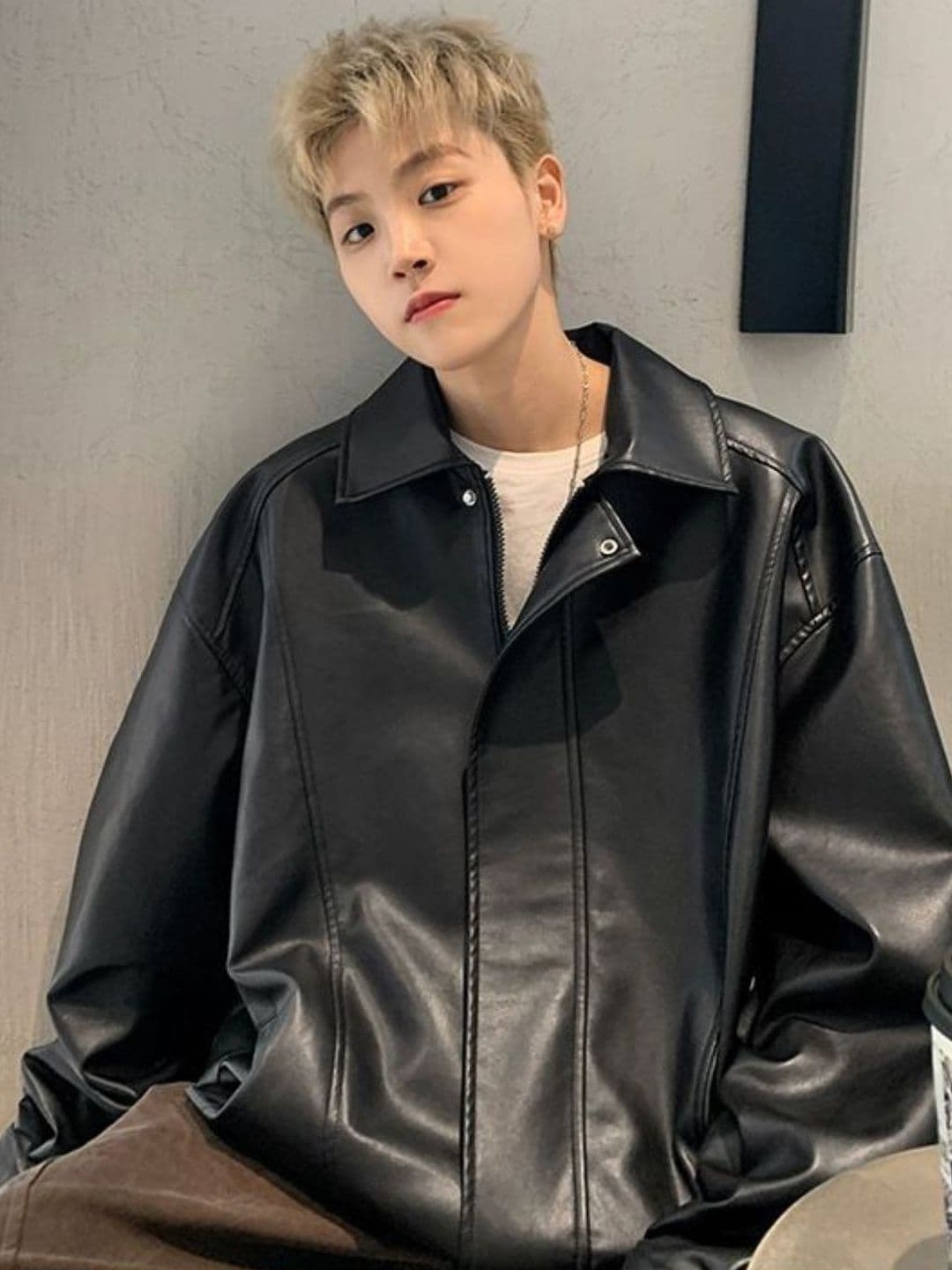 HERE&NOW Men Spread Collar Solid Leather Casual Leather Jacket - view 1