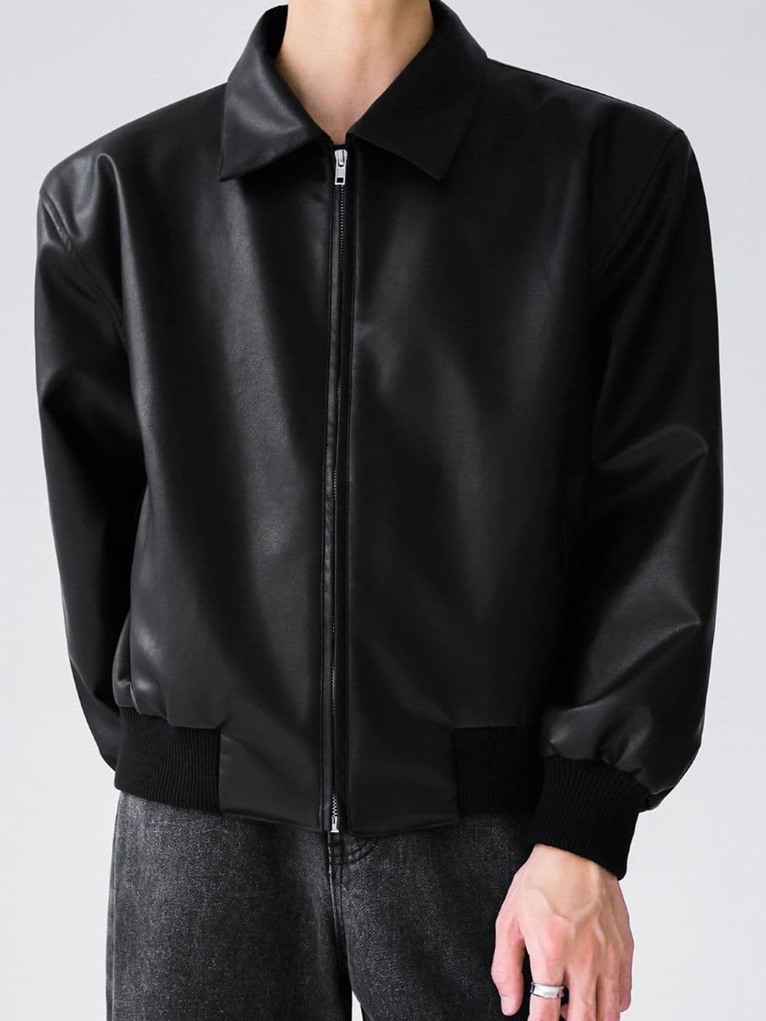 HERE&NOW Men Spread Collar Solid Leather Casual Leather Jacket - view 1
