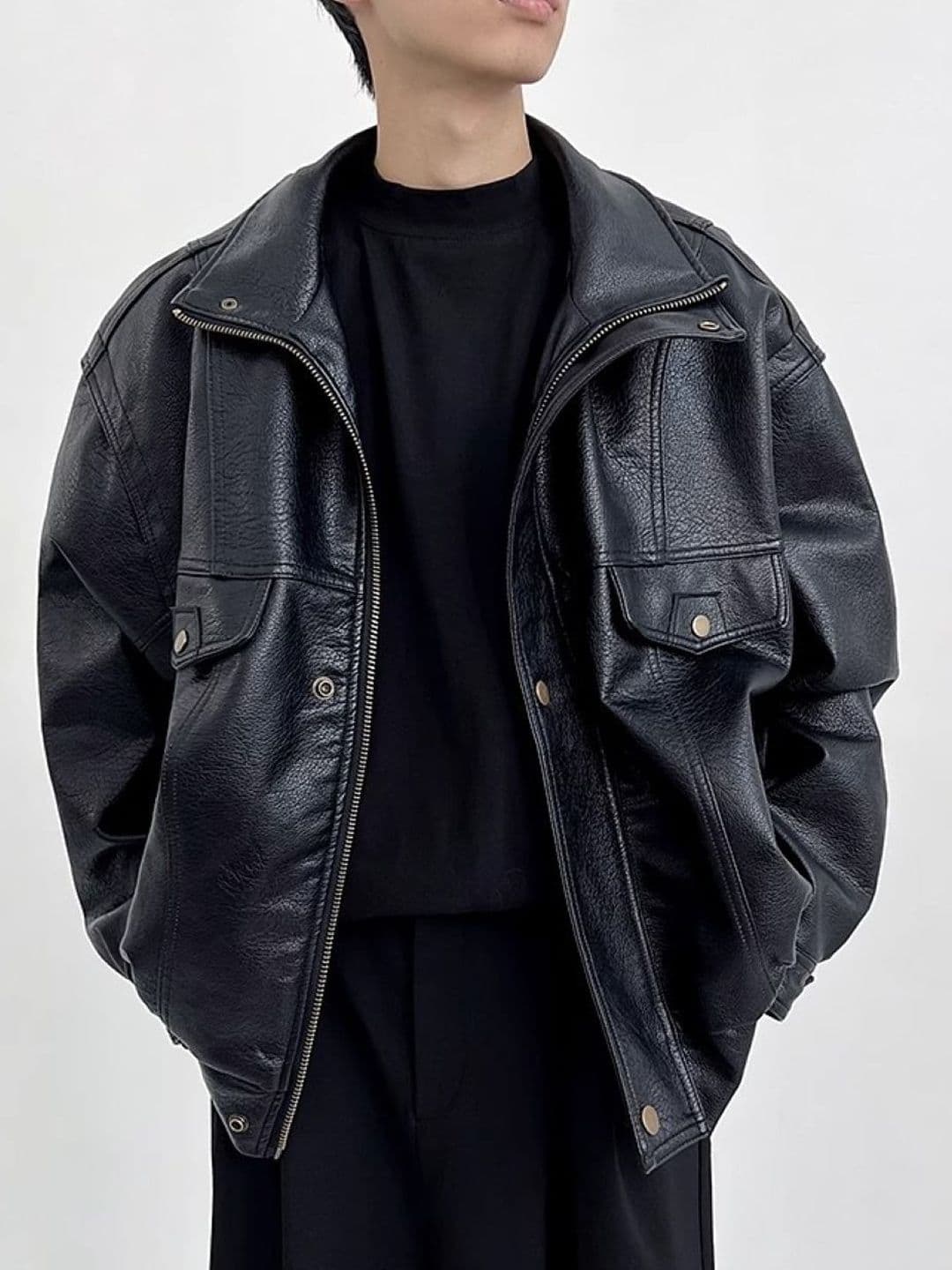 HERE&NOW Men Spread Collar Solid Leather Casual Leather Jacket - view 1