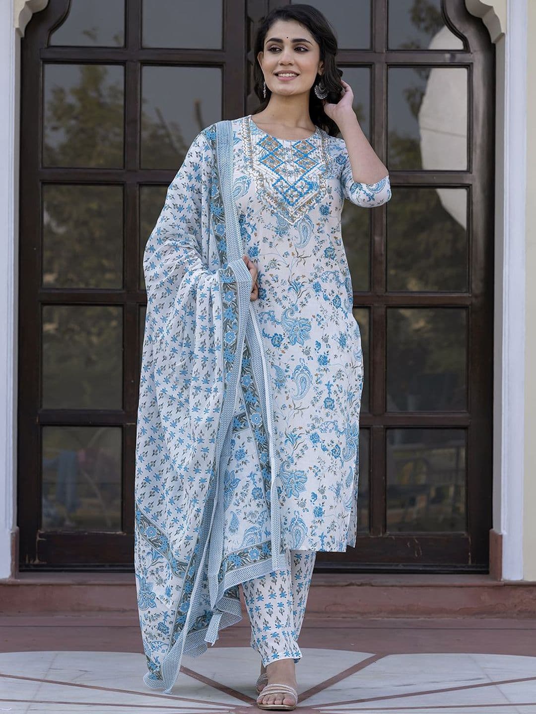 KALINI Paisley Printed Mirror Work Straight Pure Cotton Kurta With Trousers & Dupatta - view 1