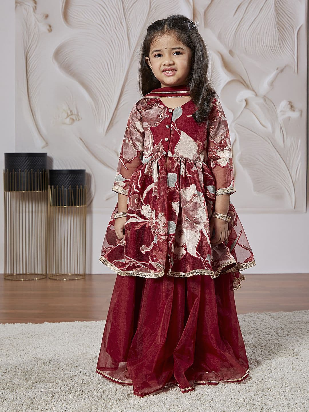VASTRAMAY Girls Floral Printed Beads and Stones Ready to Wear Lehenga Set - view 1
