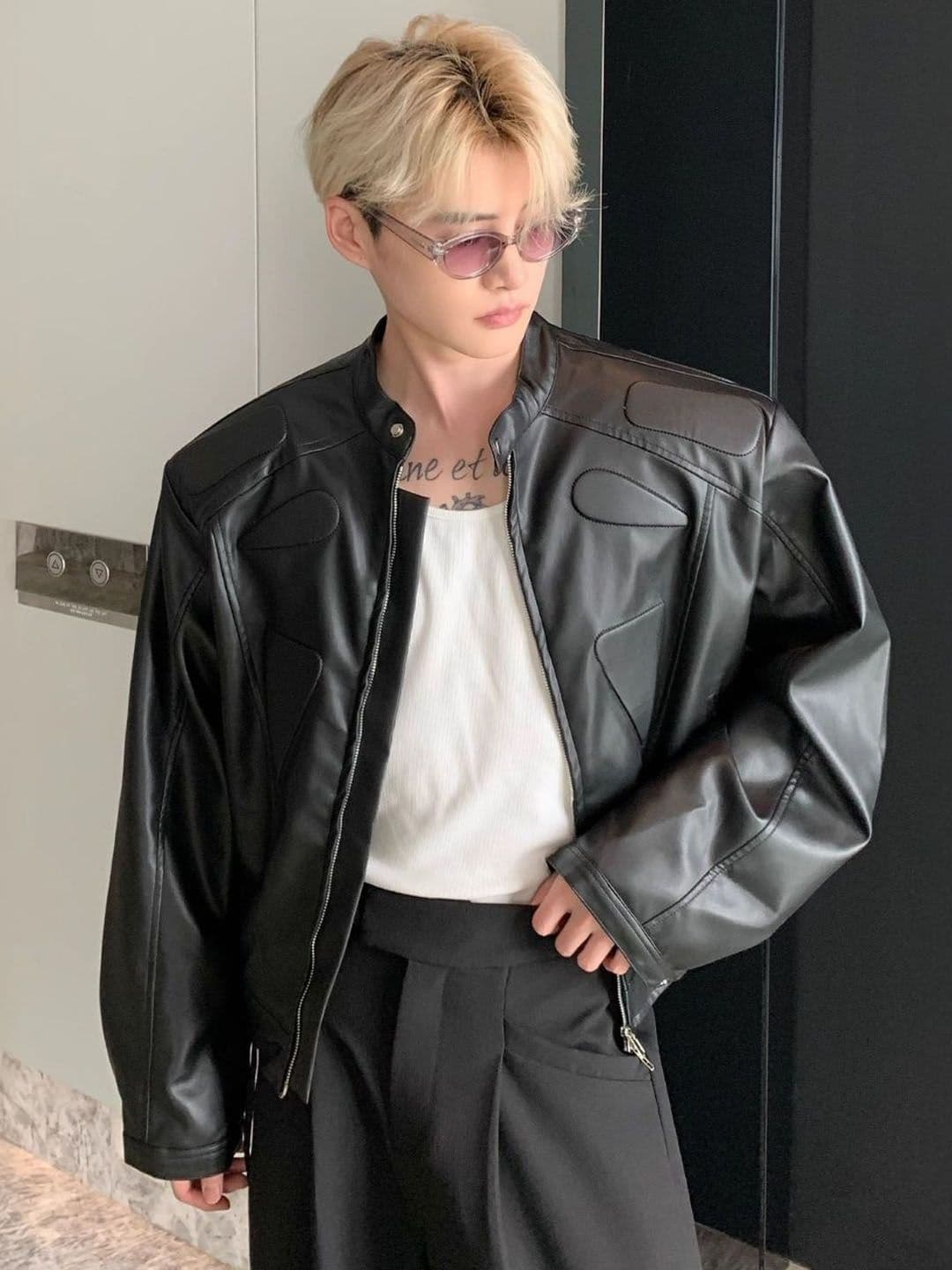 HERE&NOW Men Mandarin Collar Solid Leather Casual Leather Jacket - view 1