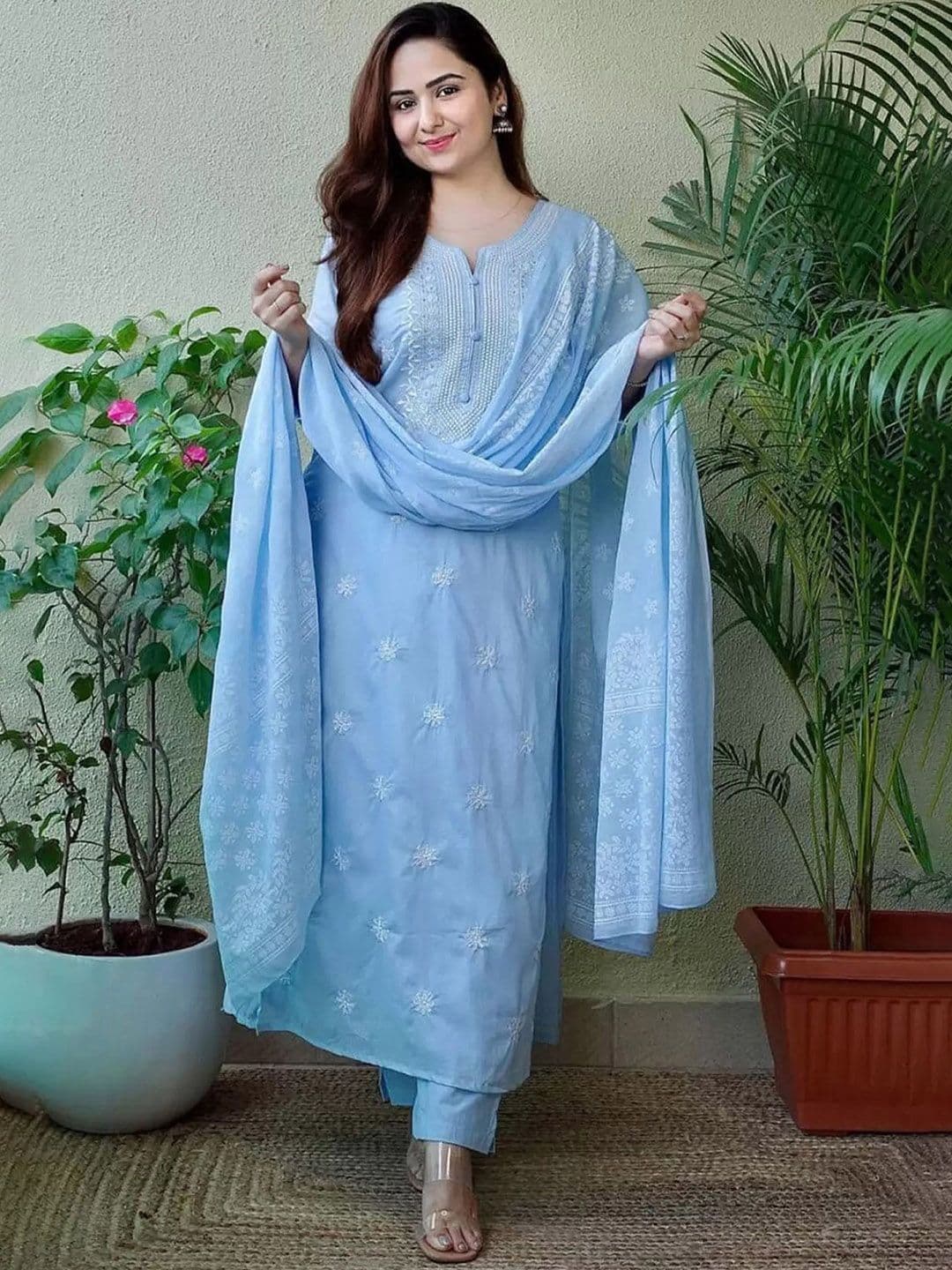Royal Export Floral Embroidered Sequinned Kurta with Trouser & Dupatta - view 1