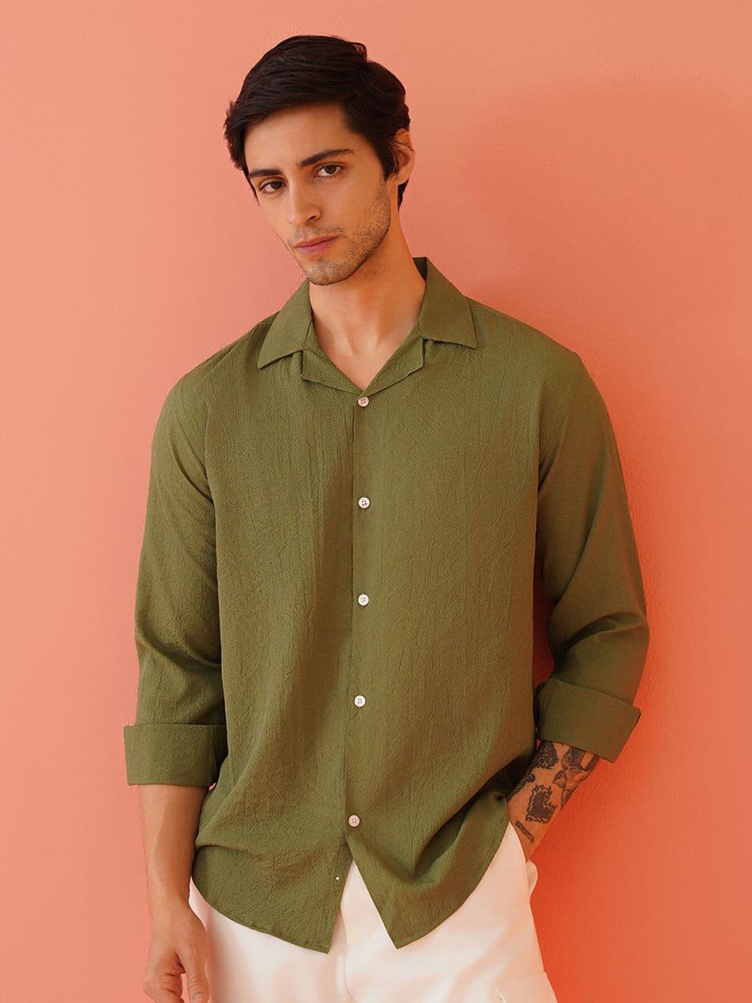 Indian Needle Men Classic Cuban Collar Textured Cotton Casual Shirt - view 1