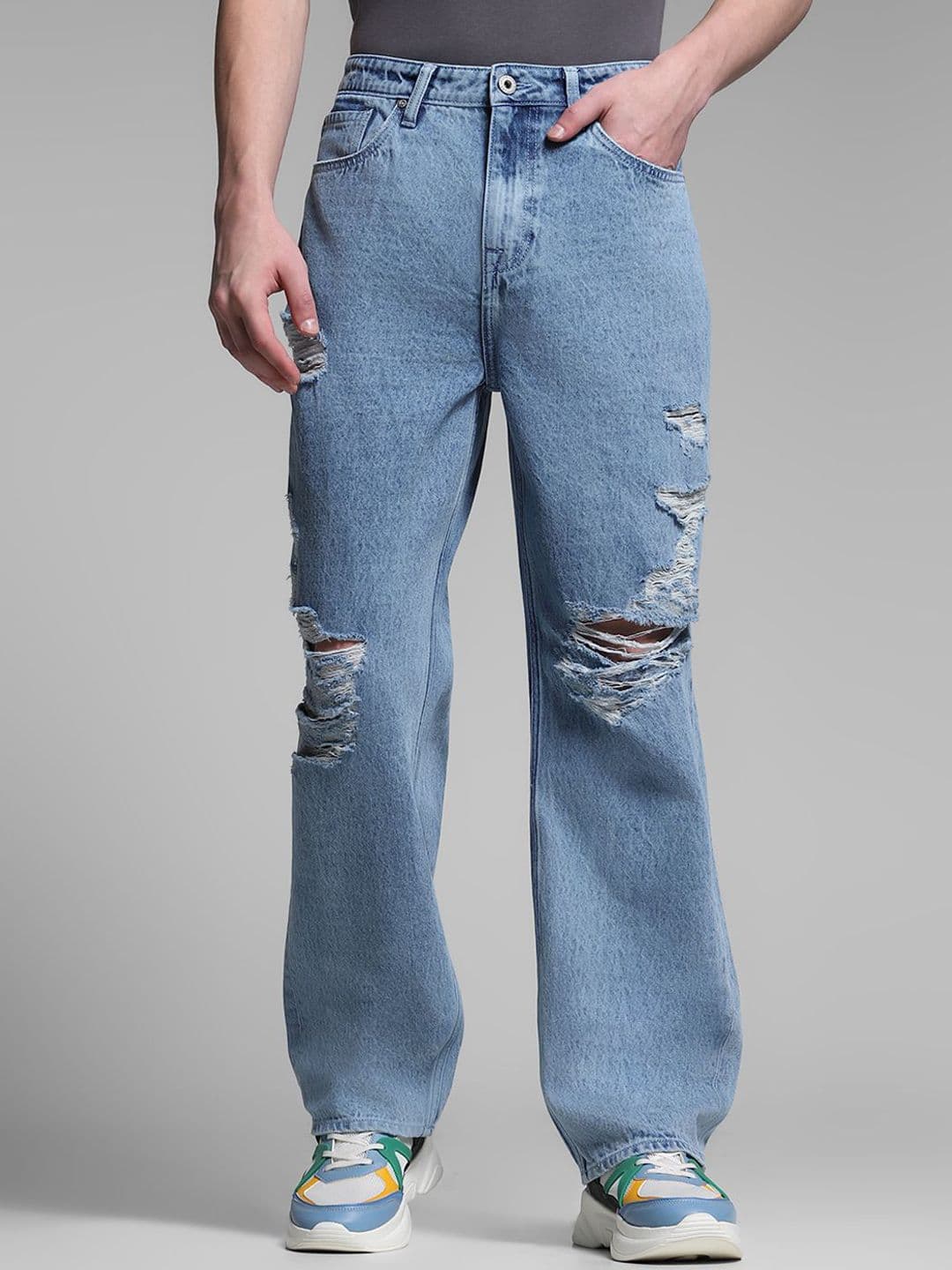 Jack & Jones Men Wide Leg High-Rise Highly Distressed Light Fade Jeans - view 1