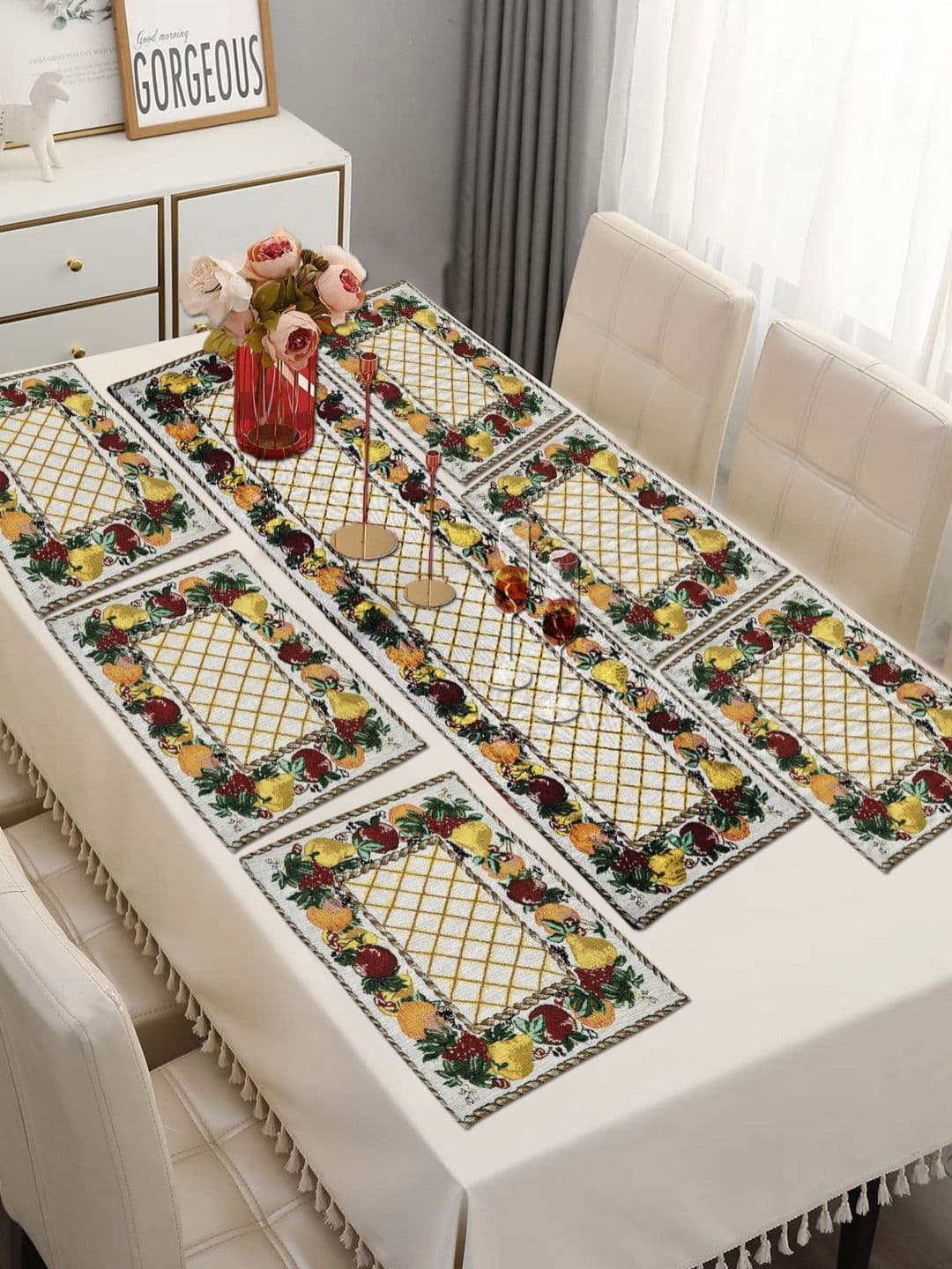 ANA 7 Pcs Beige & Red Printed Table Place Mats - view 1