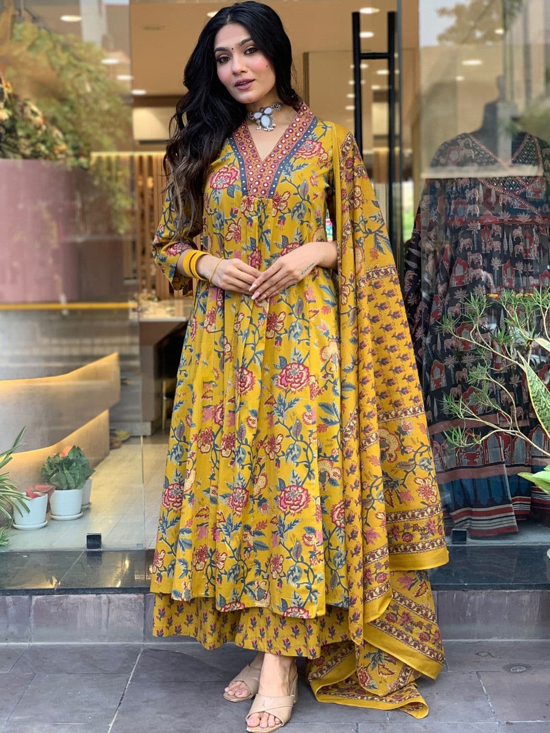 GoSriKi Women Floral Printed V-Neck Anarkali Kurta with Palazzos & With Dupatta - view 1