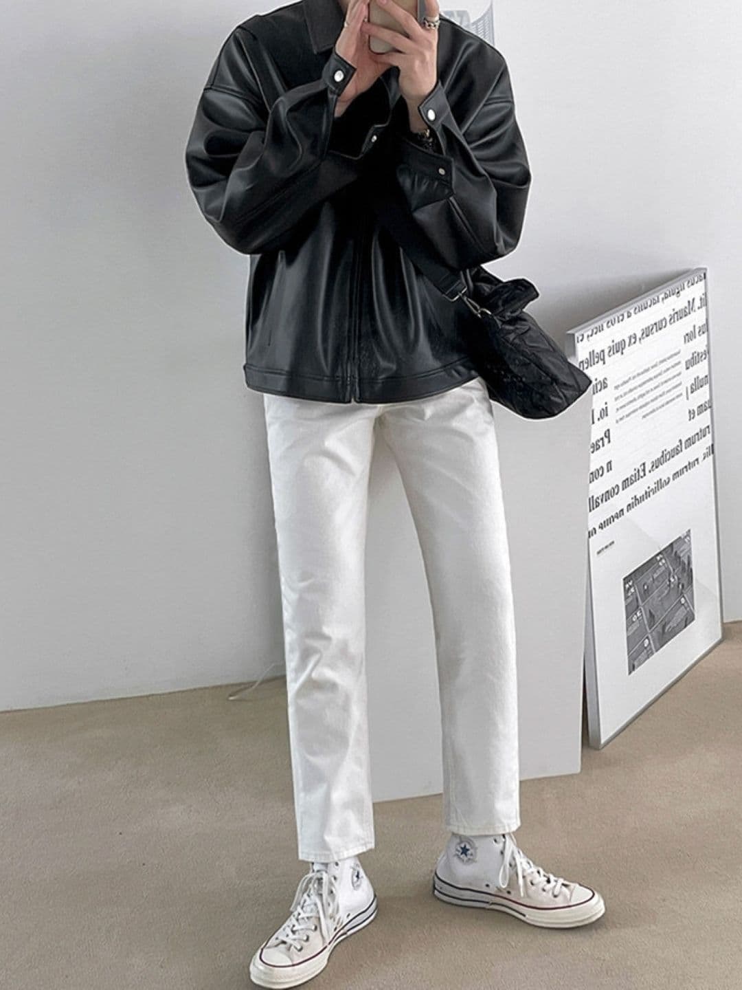 HERE&NOW Men Spread Collar Solid Leather Casual Leather Jacket - view 1