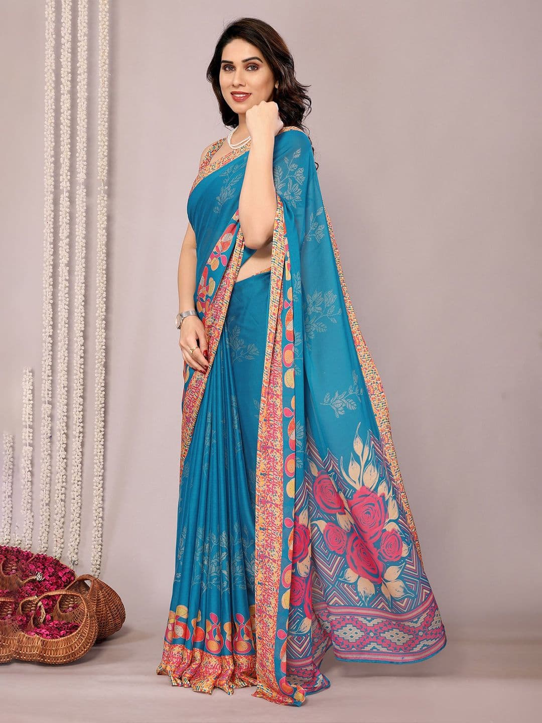 KALINI Floral Printed Saree With Blouse Piece - view 1