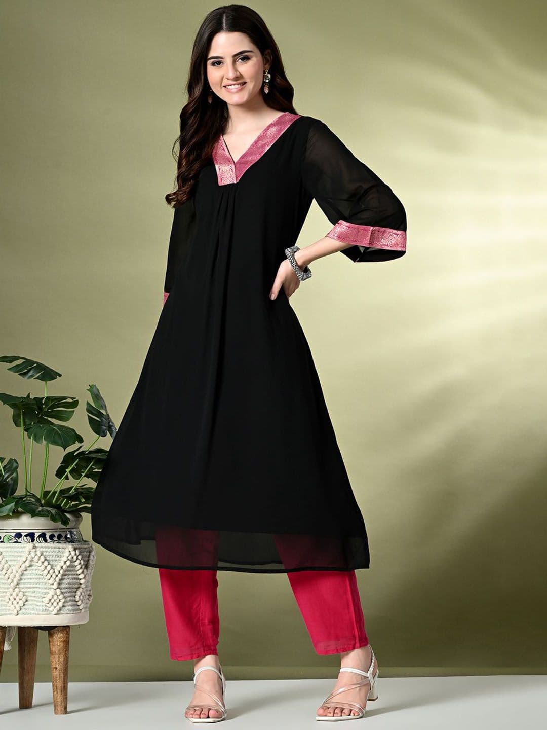 Sangria Woven Design V-Neck A-Line Kurta - view 1