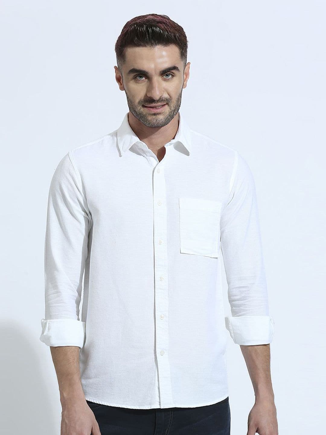 Klub Fox Men Spread Collar Solid Cotton Slim Fit Casual Shirt