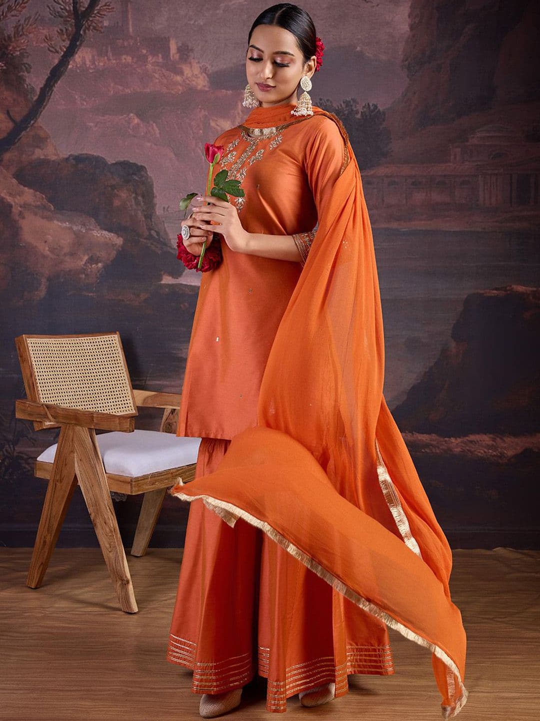 House of Pataudi Sequin Embroidered Kurta with Sharara and Dupatta Set - view 1