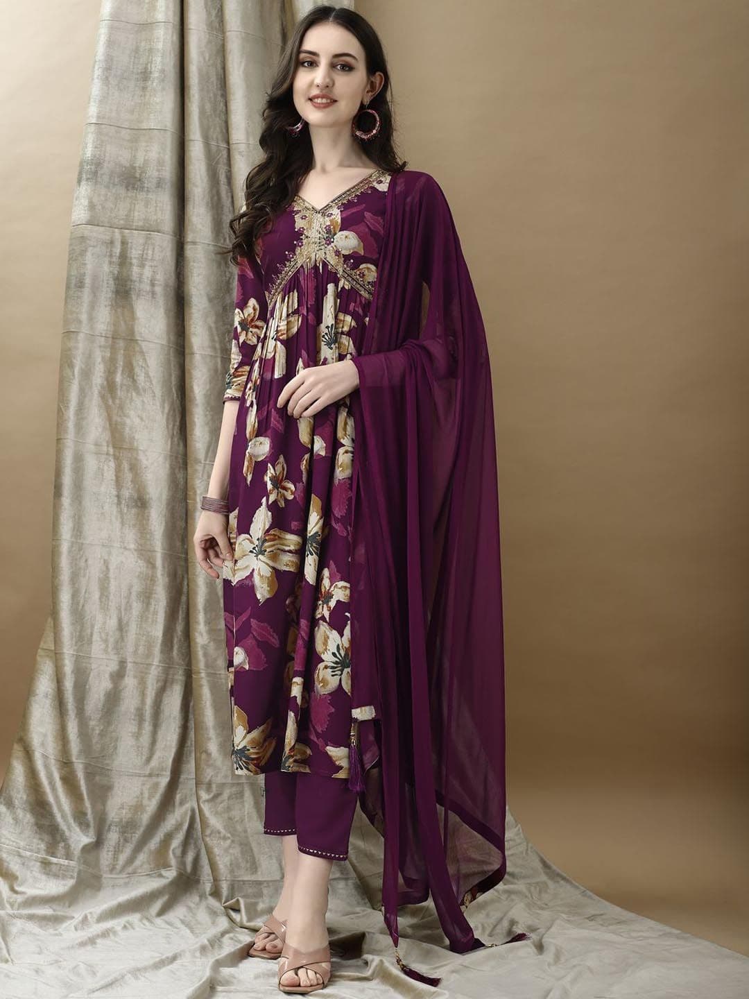 KALINI Women Floral Embroidered Pleated Sequinned Kurta with Trousers & With Dupatta - view 1
