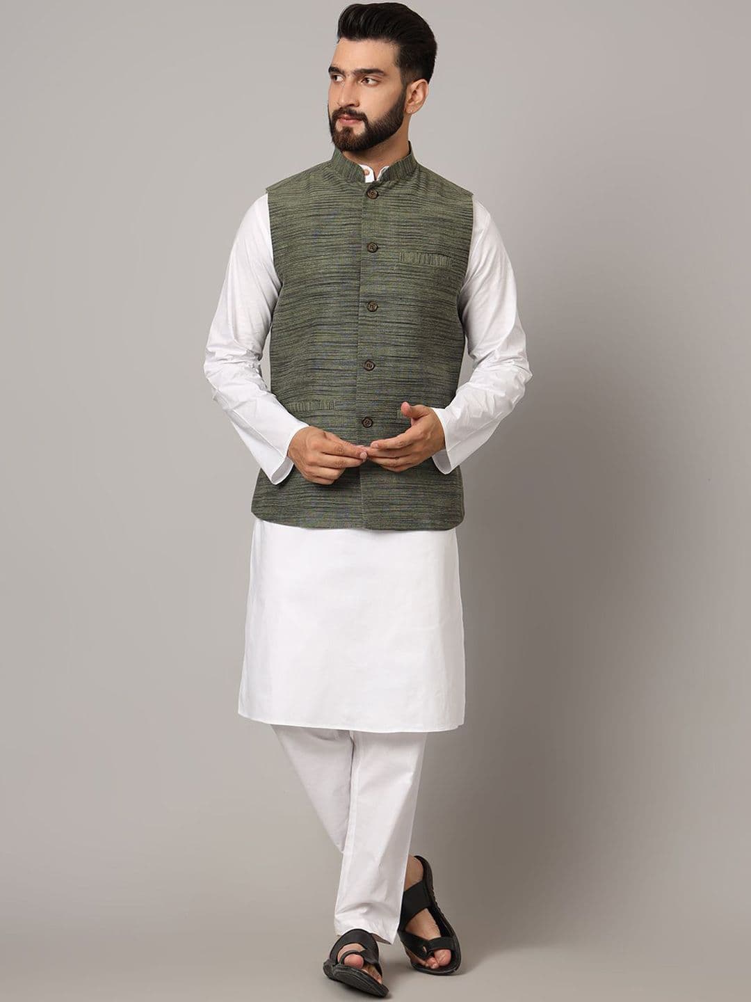 Latest Chikan Garments Striped Woven Nehru Jacket - view 1