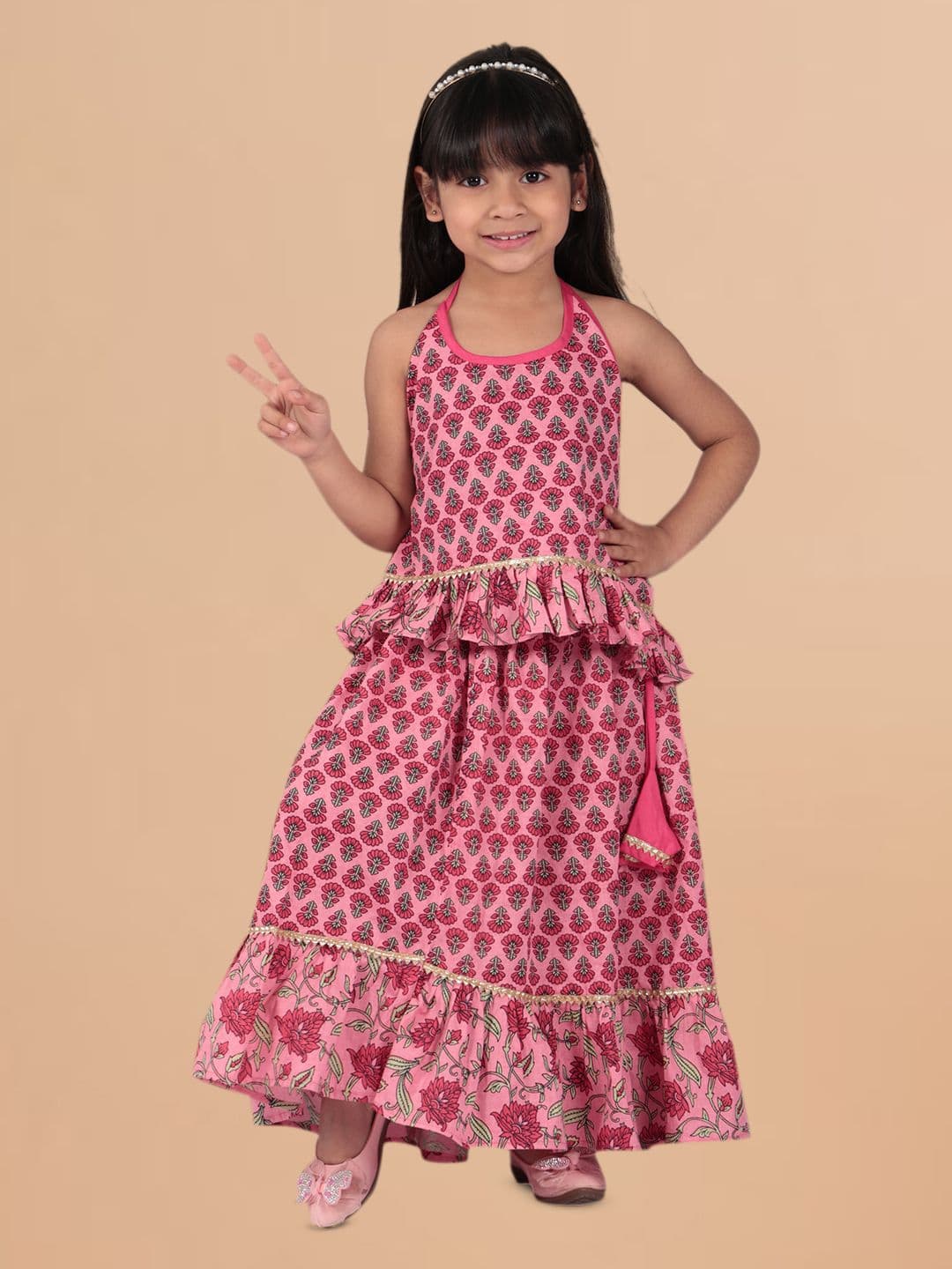 Sangria Girls Printed Halter Neck Cotton Ready to Wear Lehenga Choli With Dupatta - view 1