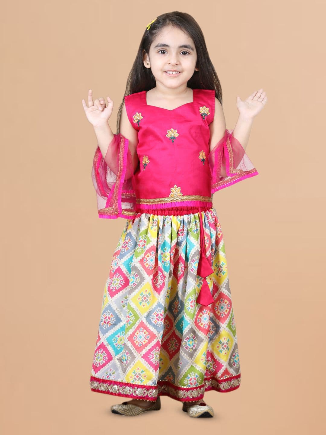 Sangria Girls Pink Embroidered Cotton Ready to Wear Lehenga Choli With Dupatta - view 1