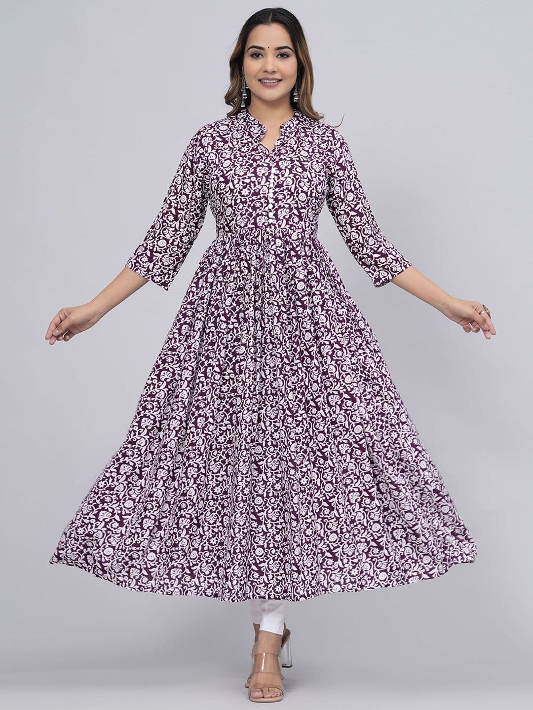 Sanganeri Kurti Floral Printed Mandarin Collar Anarkali Kurta - view 1
