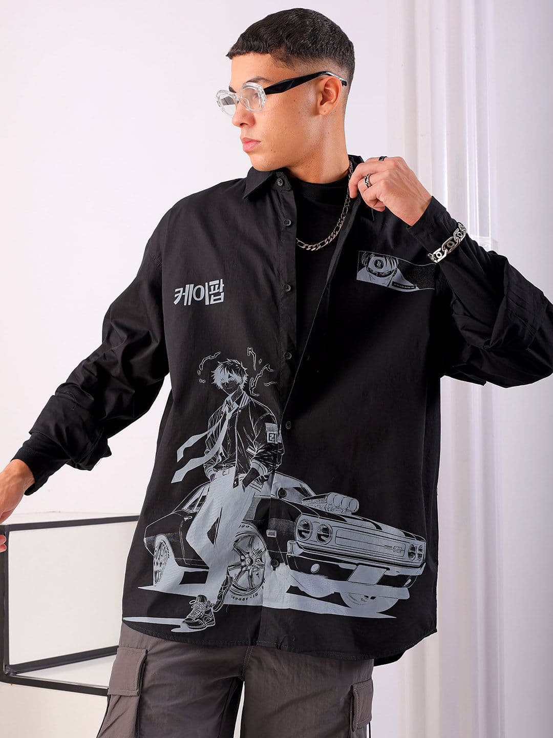 The Indian Garage Co Men Anime Printed Cotton Oversized Boxy Streetwear Shirt - view 1
