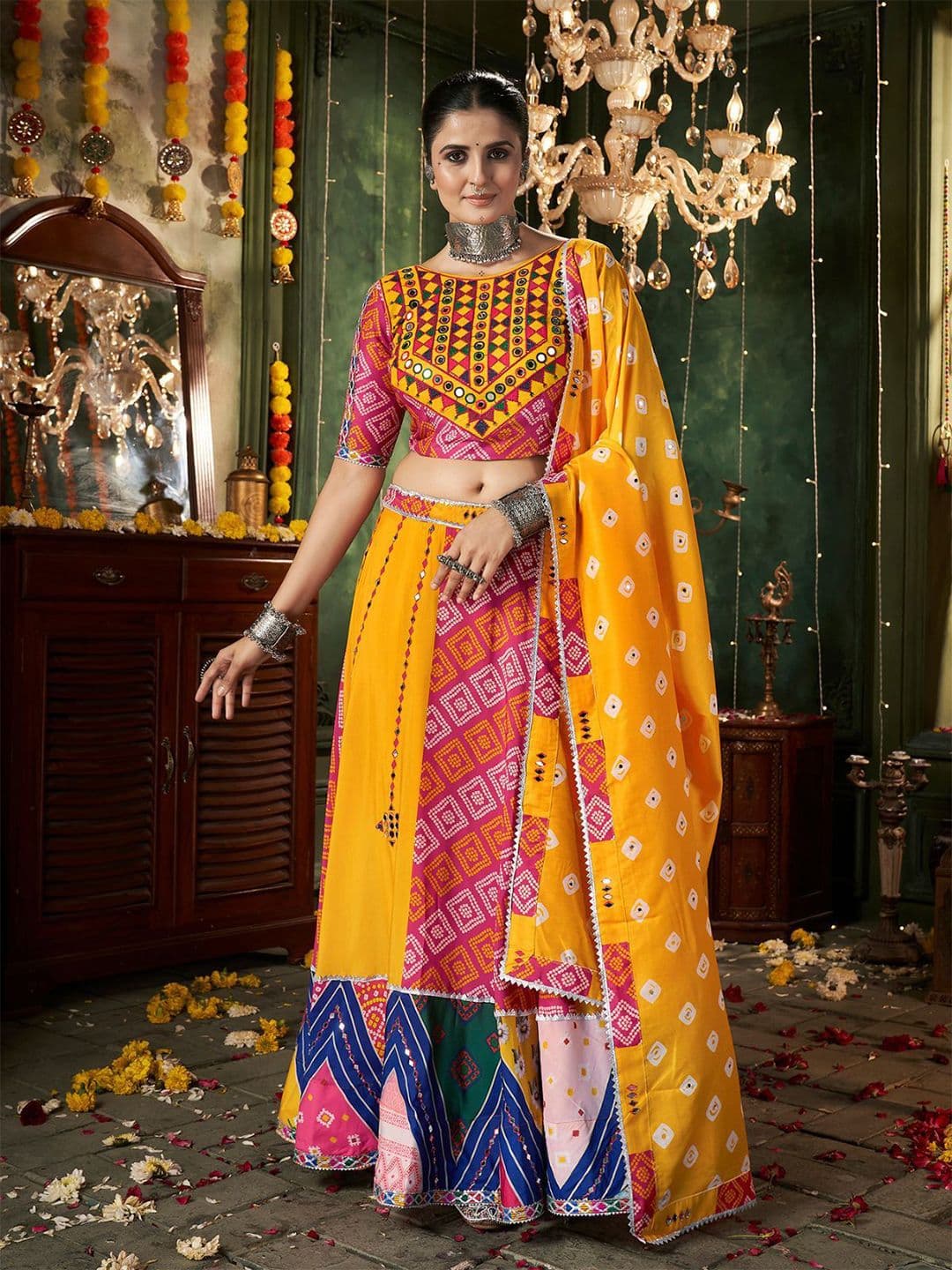 ODETTE Blend Printed Mirror Work Lehenga Choli With Dupatta - view 1