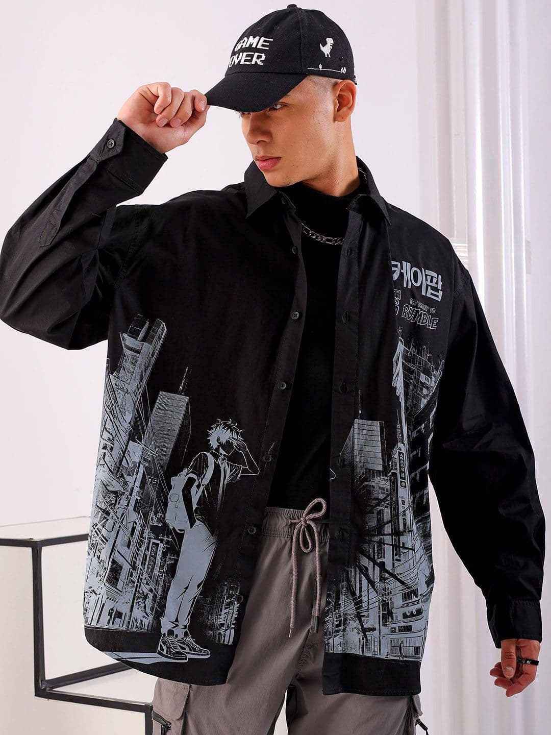 The Indian Garage Co Men Anime Printed Cotton Oversized Boxy Streetwear Shirt - view 1