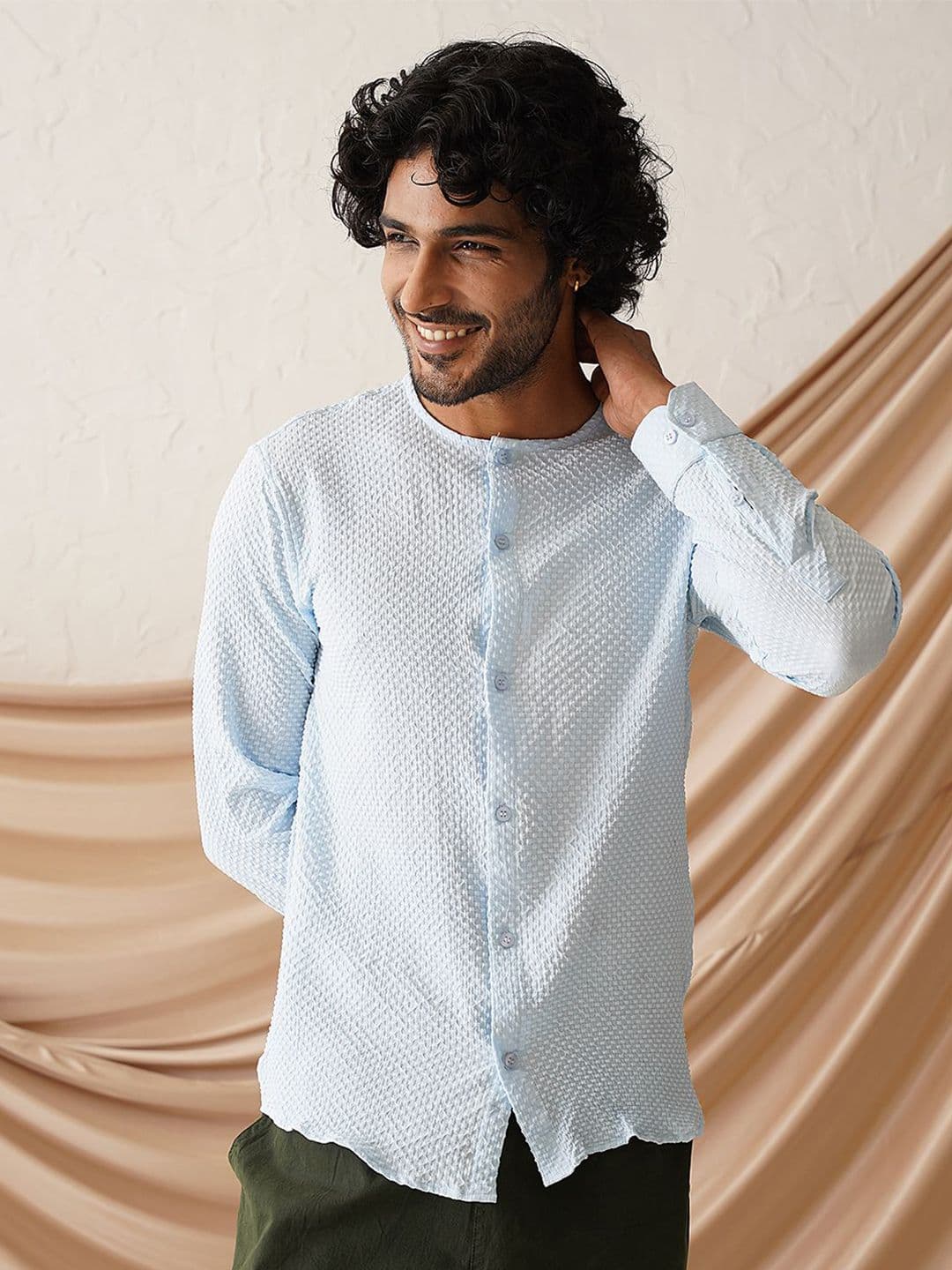 Indian Needle Men Classic Collarless Textured Solid Cotton Casual Shirt - view 1
