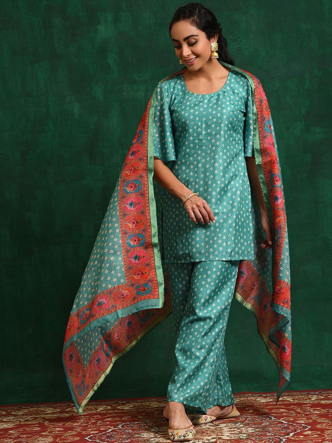 Sangria Green Bandhani Printed Flared Sleeves Straight Kurta With Palazzo & Dupatta - view 1