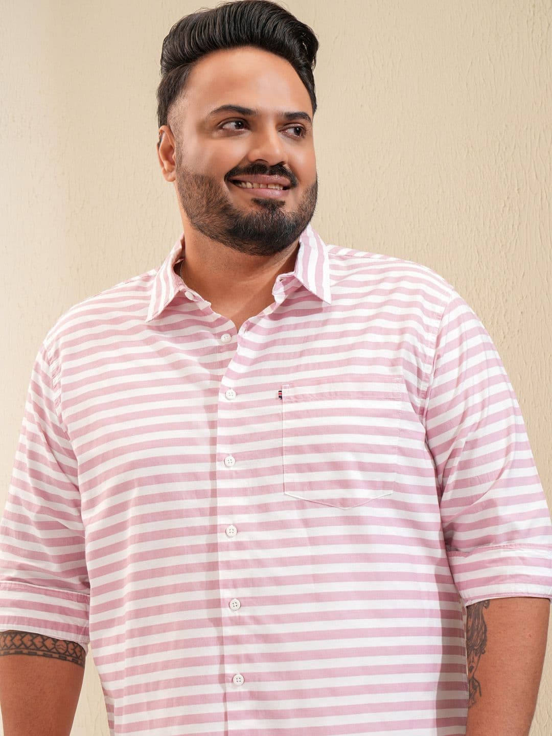 HIGHLANDER Men Plus Size Coral Horizontal Striped Shirt - view 1