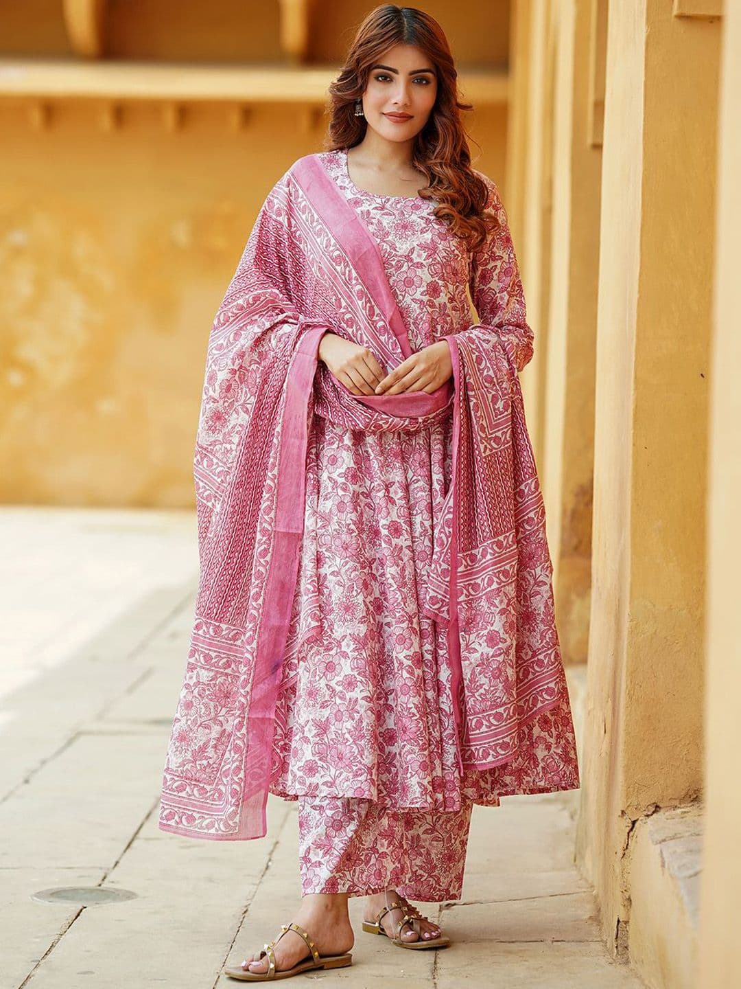 KALINI Floral Printed Pure Cotton Anarkali Kurta With Trousers & Dupatta - view 1