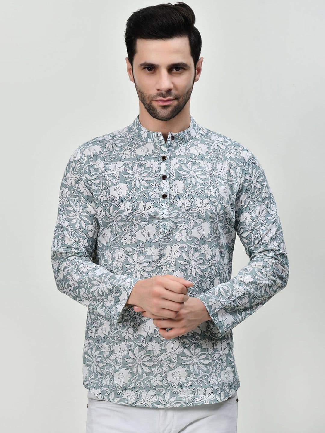 BAESD Floral Printed Mandarin Collar Pure Cotton Short Kurta - view 1