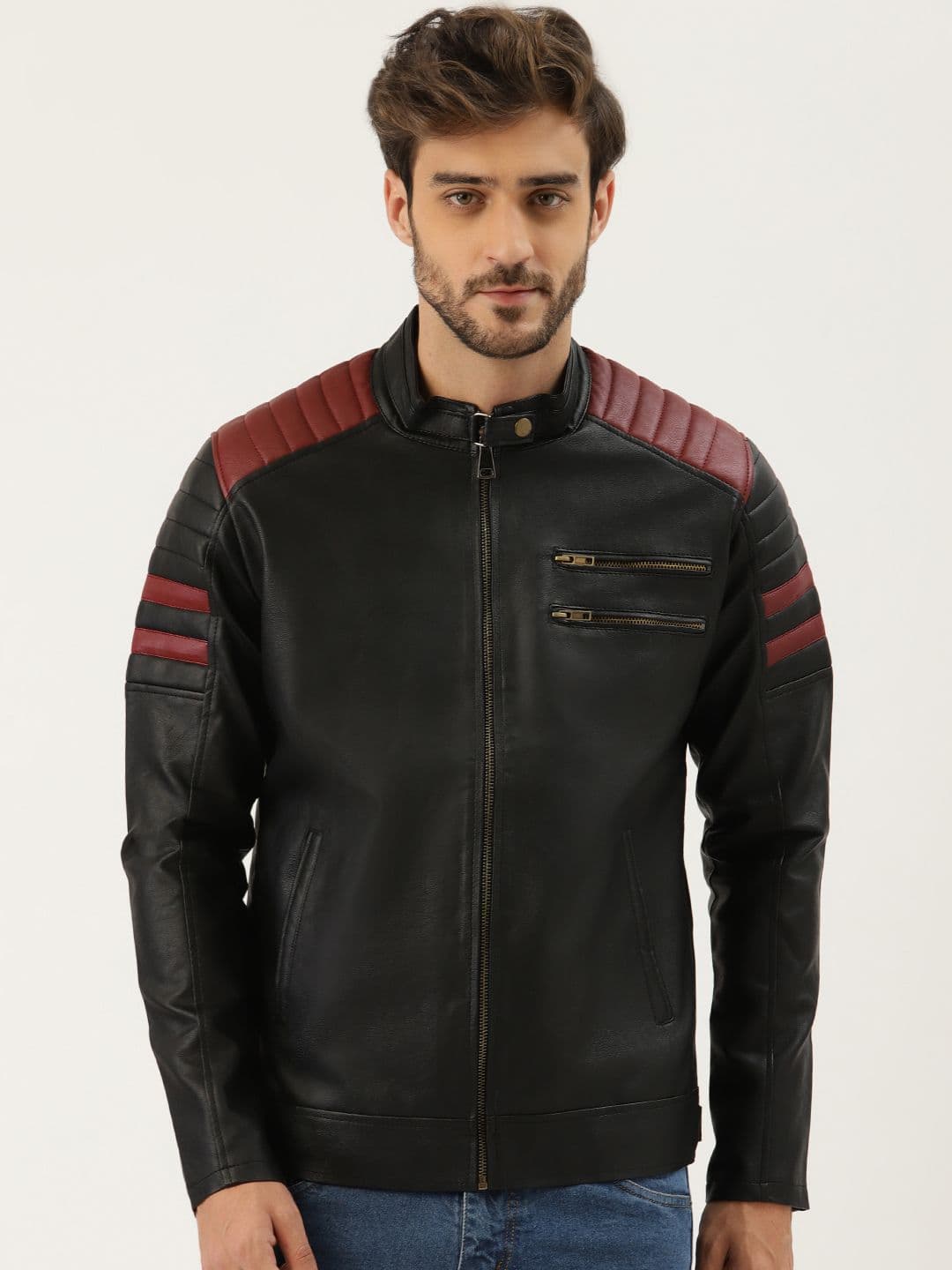 Leather Retail Men Washed Colourblocked Lightweight Biker Jacket with Patchwork - view 1