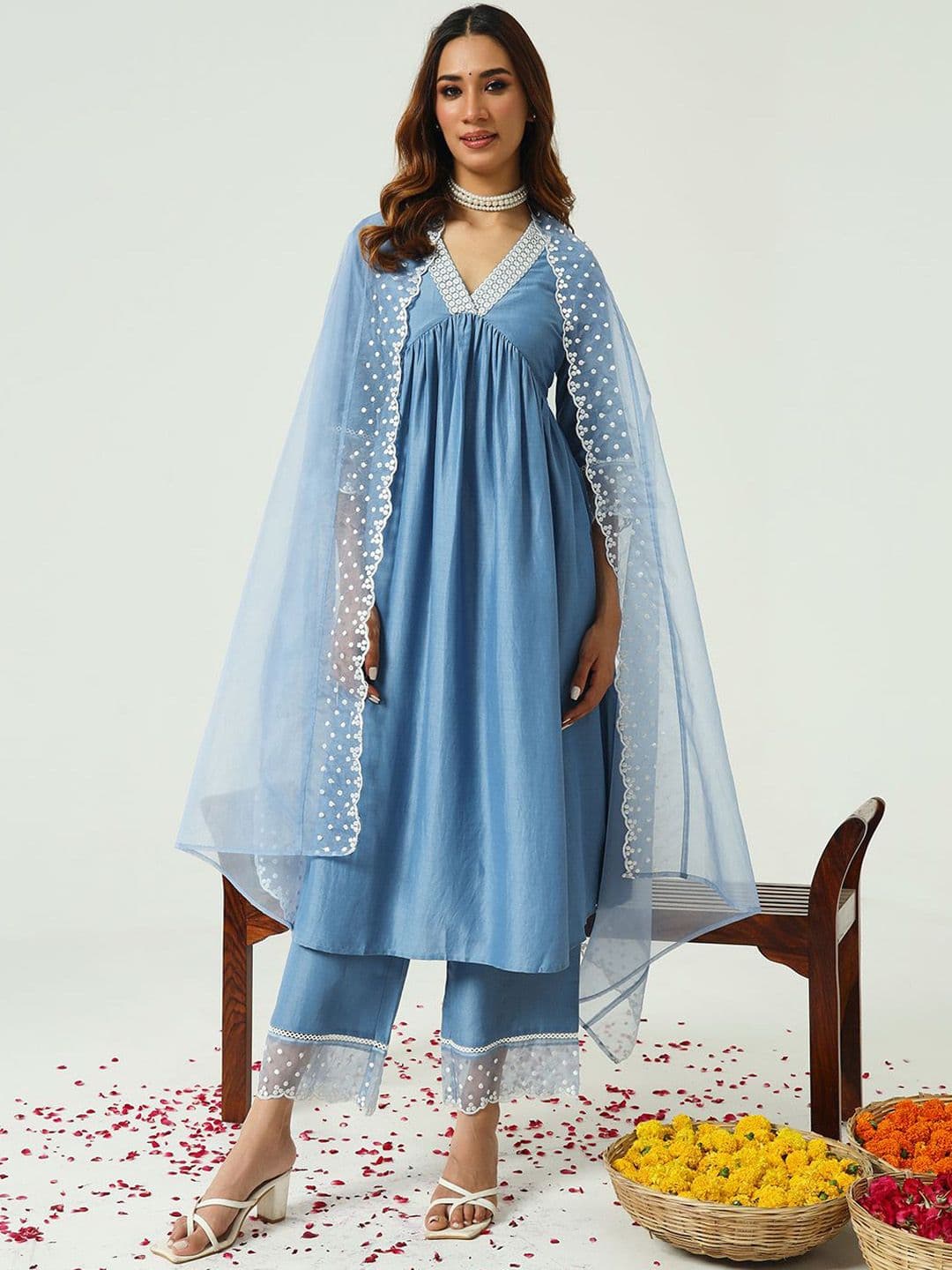 FIORRA V-Neck Mirror Work Pleated A-Line Kurta with Palazzo & Dupatta - view 1