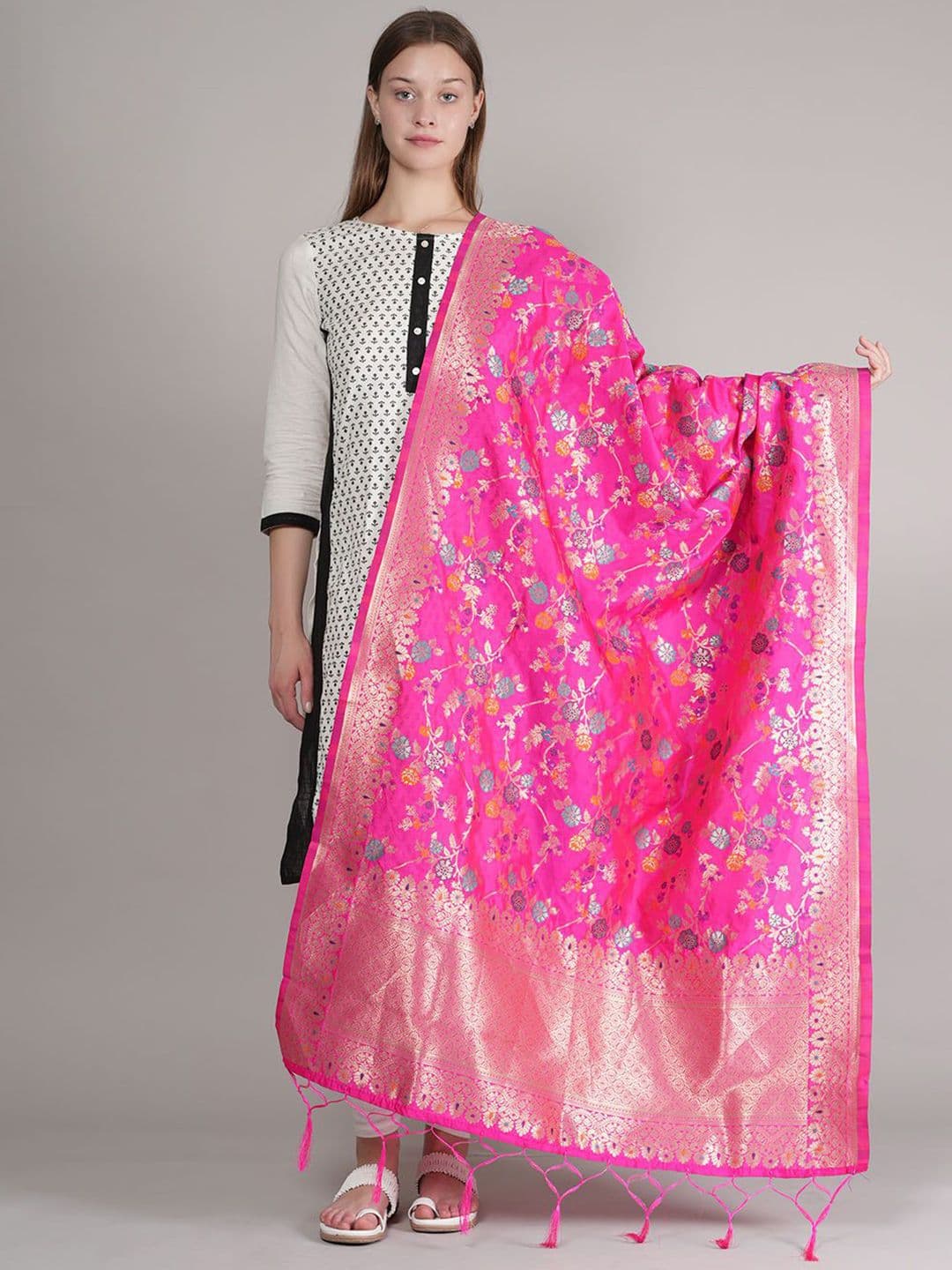 MUFFLY Floral Woven Design Dupatta With Zari - view 1