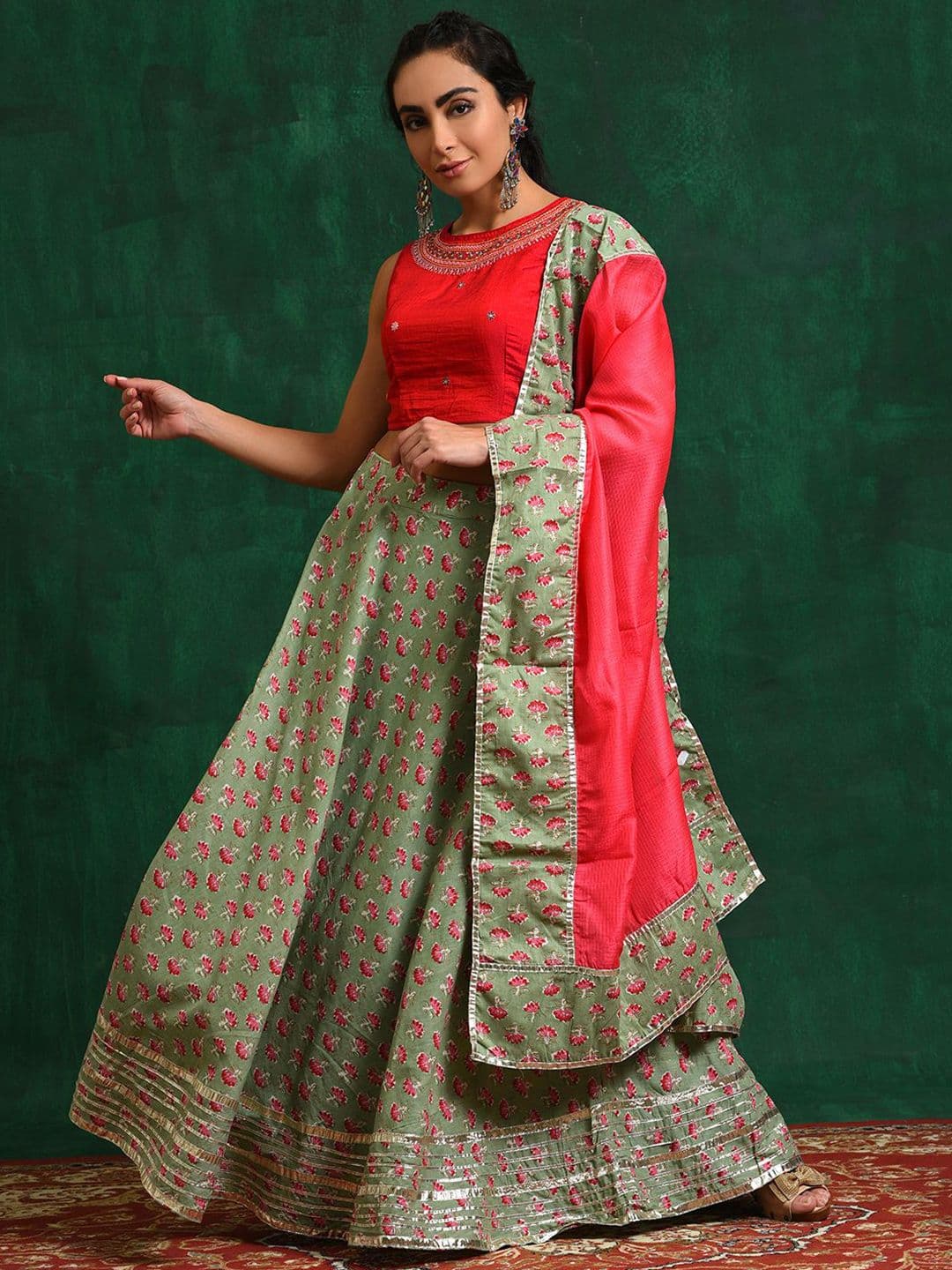 Sangria Sea Green Embroidered Thread Work Silk Ready to Wear Lehenga With Blouse & Dupatta - view 1