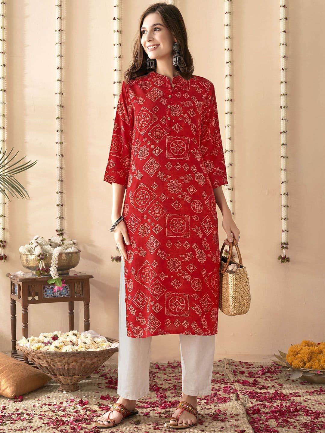 Anouk X fwd Red & White Bandhani Printed Band Collar Straight Kurta - view 1