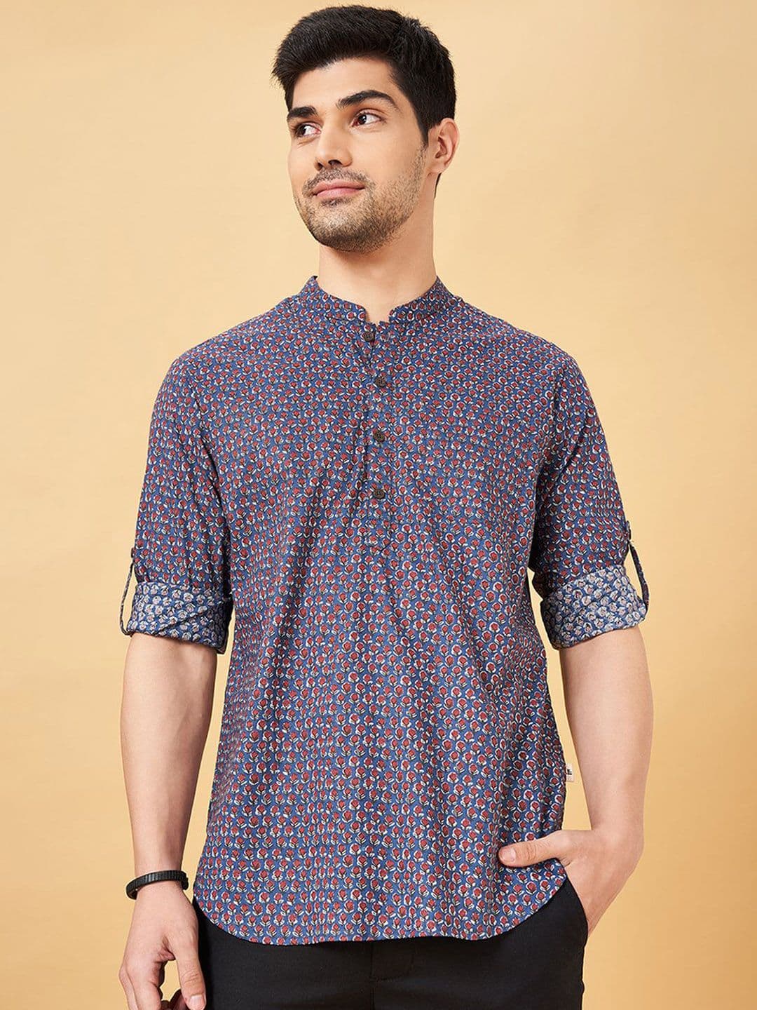 indus route by Pantaloons Floral Printed Mandarin Collar Pure Cotton Straight Short Kurta - view 1