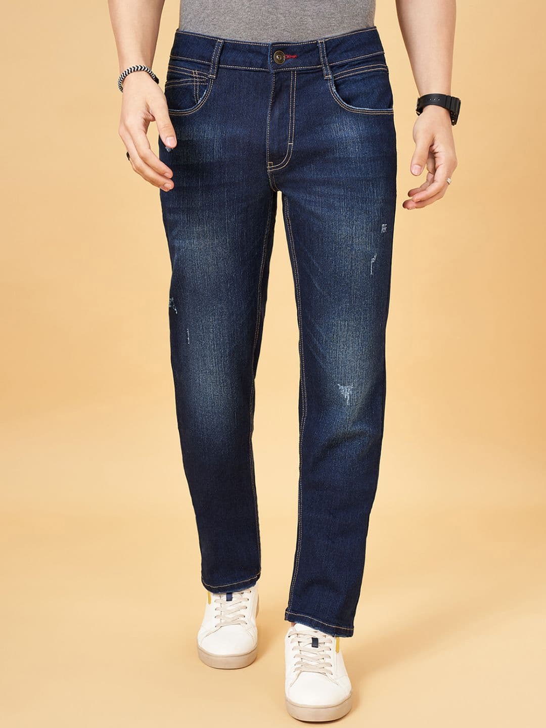 SF JEANS by Pantaloons Men Straight Fit Low Distress Light Fade Jeans - view 1