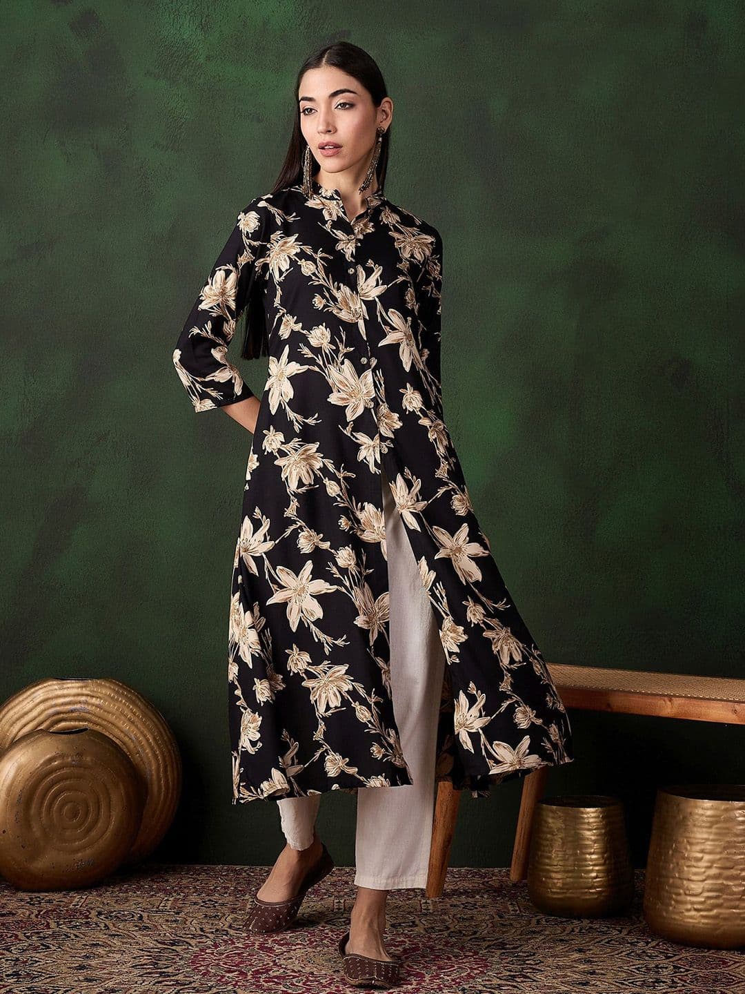 Sangria Women Floral Printed Mandarin Collar A-Line Kurta - view 1
