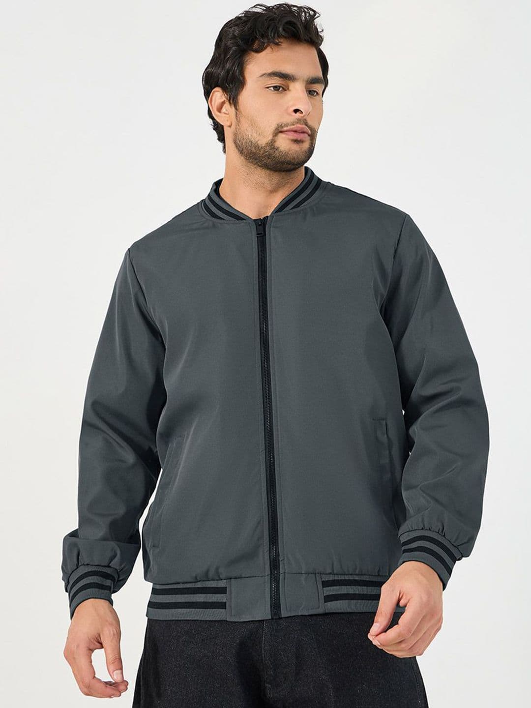 Styli Mandarin Collar Contrast Rib Detail Bomber Jacket - view 1