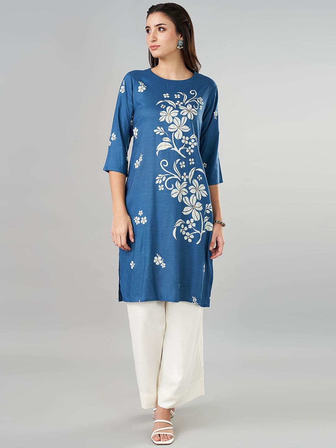 RANGMANCH BY PANTALOONS Round Neck Floral Printed Straight Kurta - view 1