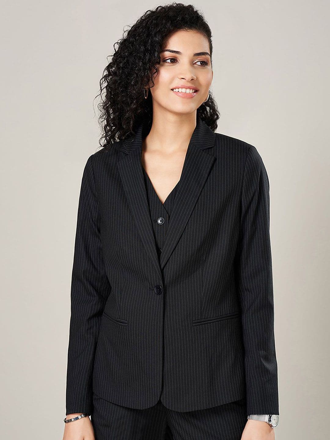 Annabelle by Pantaloons Striped Single Breasted Formal Blazer - view 1