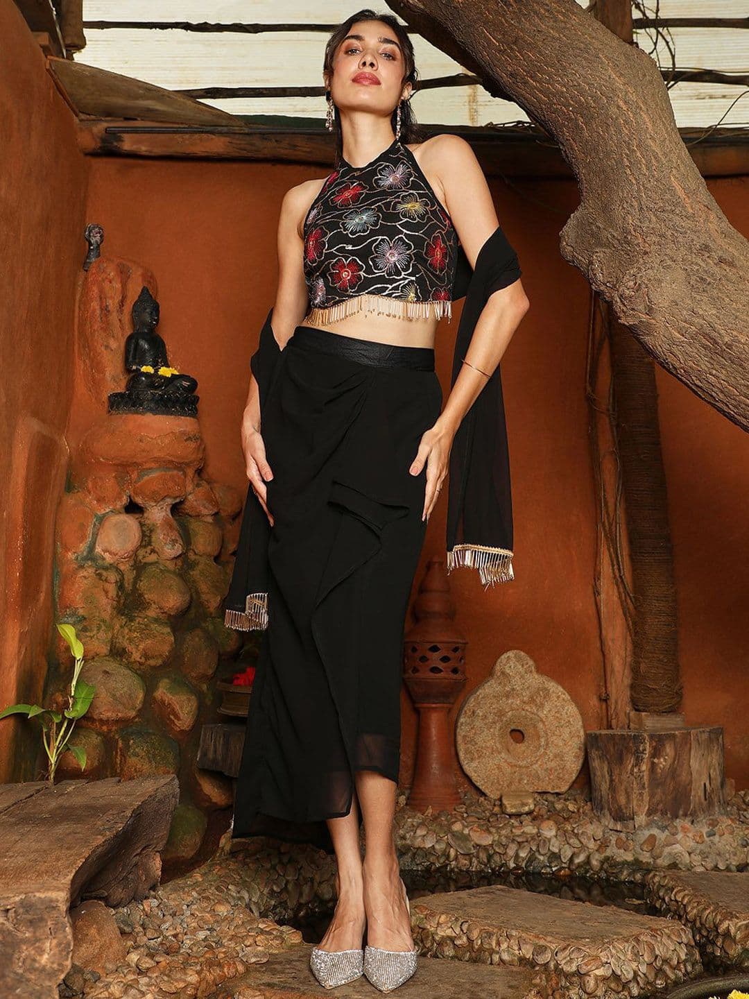 QISSA Black Embellished Halter Neck Crop Top & Skirt With Dupatta Co-Ords - view 1