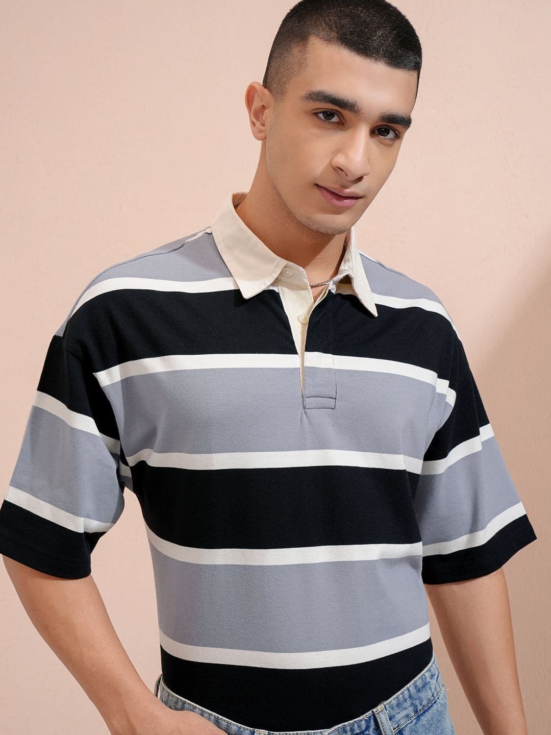 HIGHLANDER Men Striped Polo Collar Drop-Shoulder Sleeves Oversized T-shirt - view 1