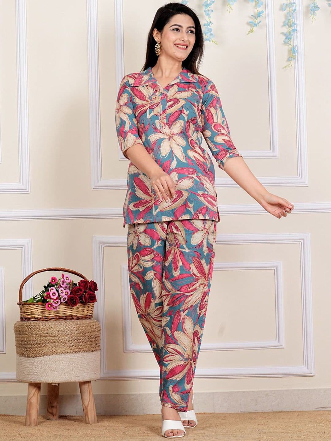 Moktika Floral Printed Shirt Collar Three-Quarter Sleeves Pure Cotton Top With Trouser - view 1