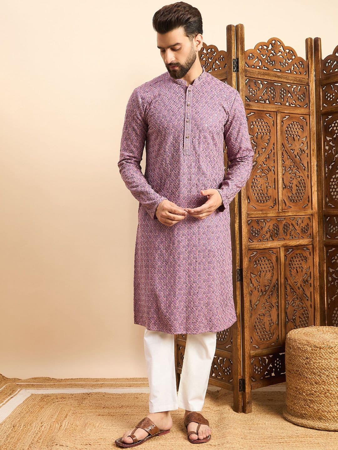 House of Pataudi Embroidered Mandarin Collar Ethnic Wear Kurta - view 1