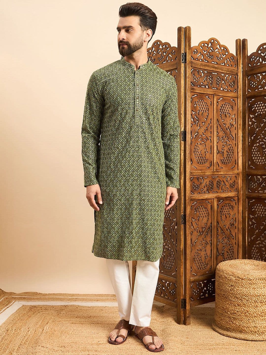 House of Pataudi Embroidered Mandarin Collar Ethnic Wear Kurta - view 1