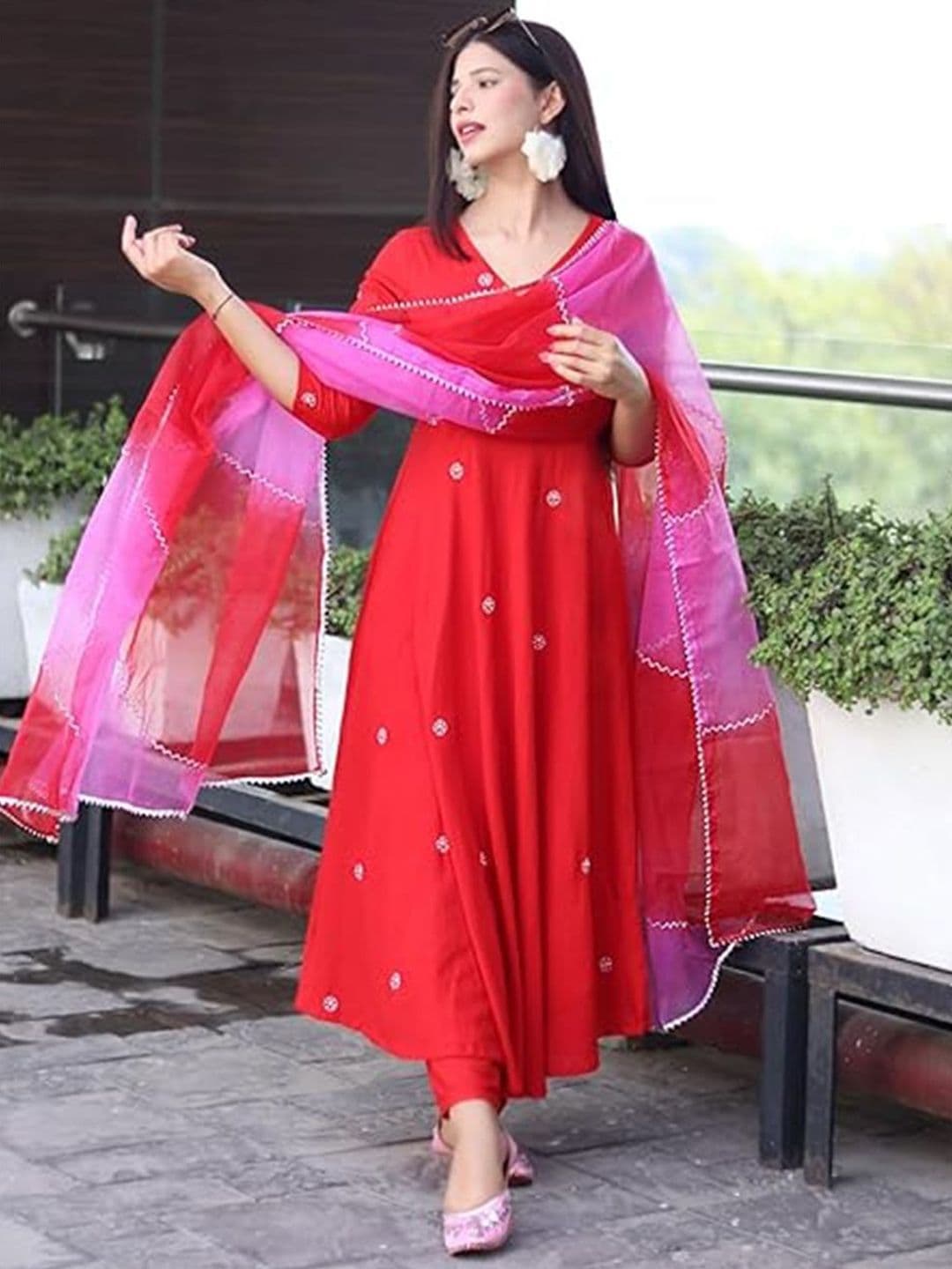 DIVASTRI Women Floral Embroidered Angrakha Sequinned Kurta with Trousers & With Dupatta - view 1