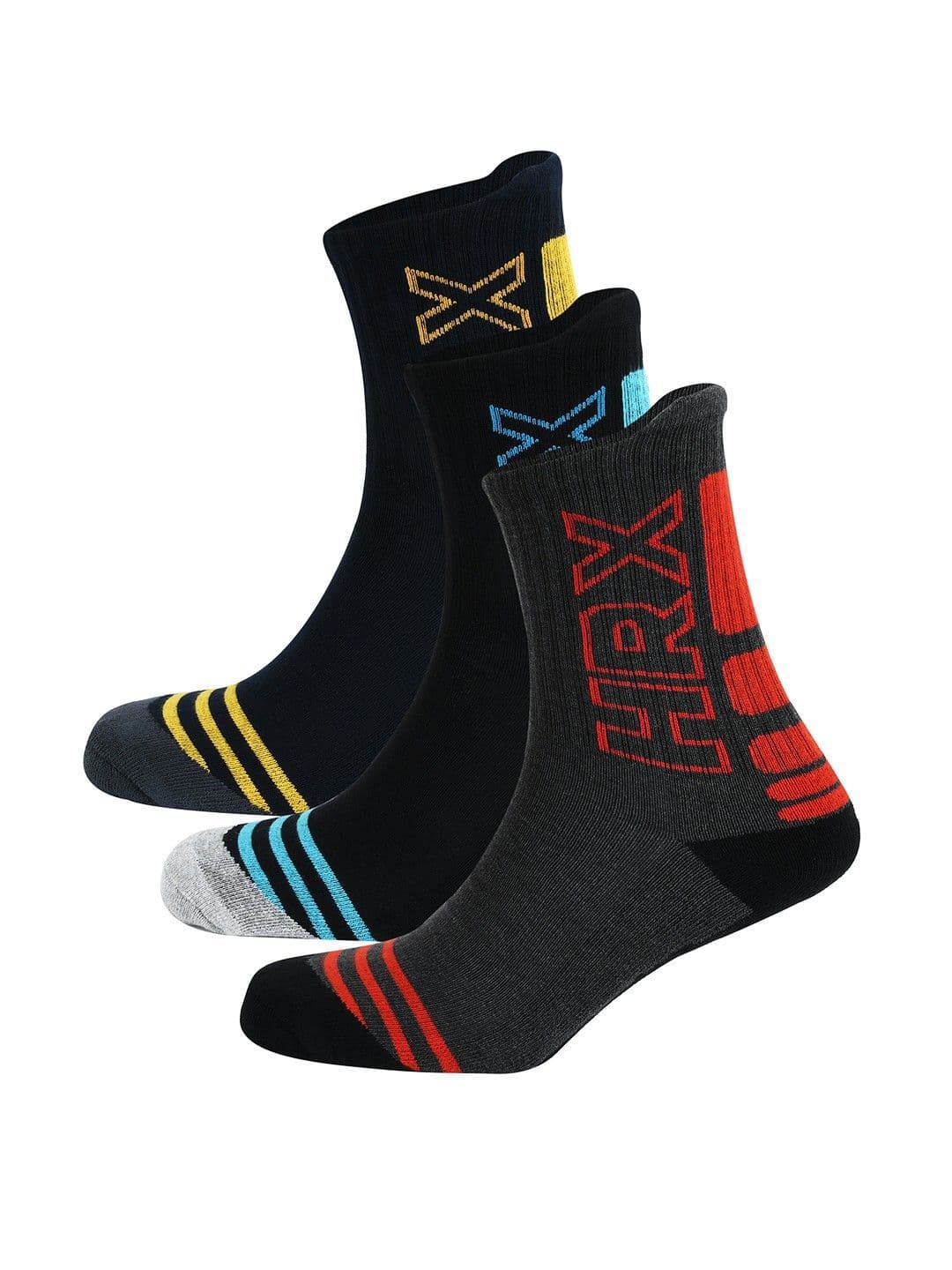 HRX by Hrithik Roshan X fwd Men Cotton Pack Of 3 Patterned Padded Underfoot Mid Calf Socks - view 1
